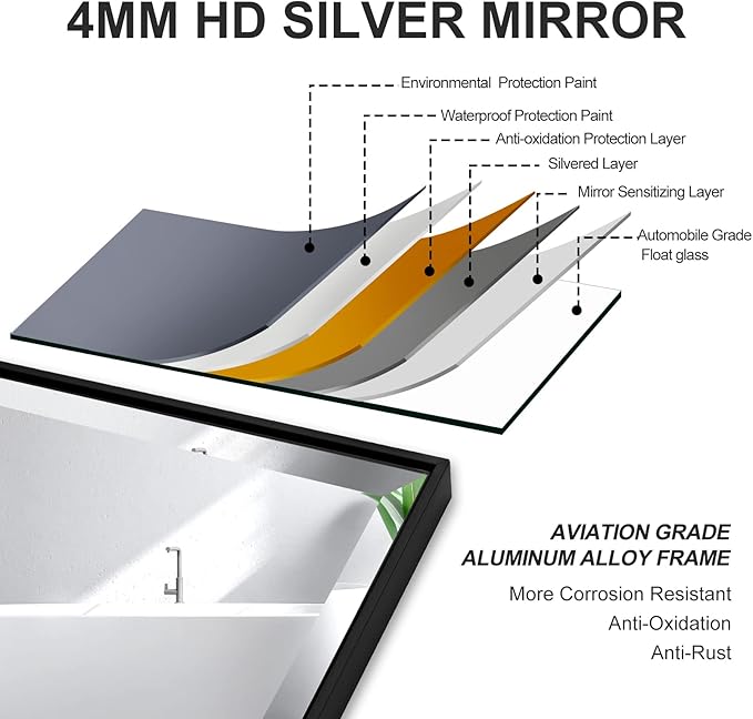 24x40 Inch Black Mirror with Beveled Trim, Aluminum Frame Bathroom Vanity Mirror, Copper-Free Mirror, Rectangle Wall Mounted Mirror, Modern Rectangular Mirror Horizontal or Vertical