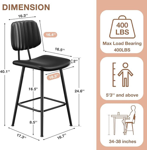 24-Inch Leather Bar Stools Set of 2, Counter Height Barstools with High Backrest，Bar Chairs for Kitchen Island with Heavy Duty Metal Legs, Black
