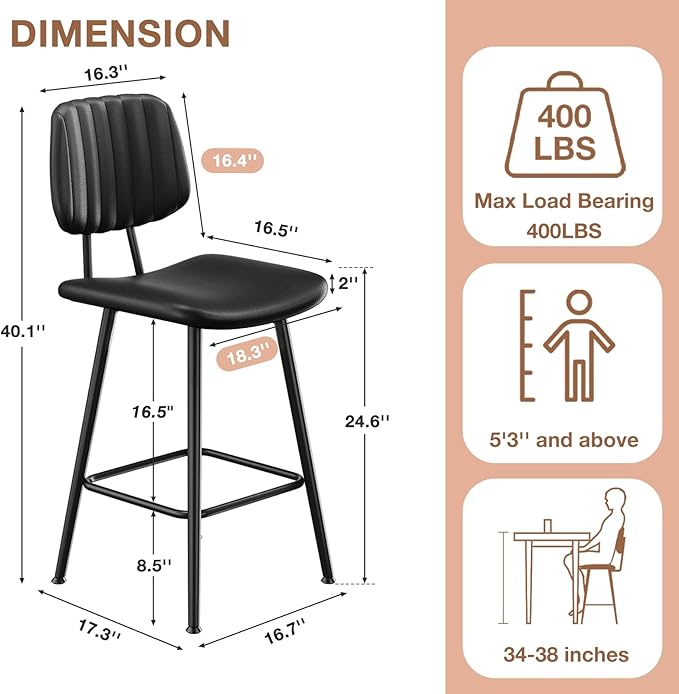 24-Inch Leather Bar Stools, Counter Height Barstools with High Backrest，Bar Chairs for Kitchen Island with Heavy Duty Metal Legs, Black