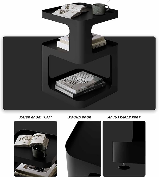 XIV Side Table, Small End Table, Modern Nightstand, Accent Bedside Table, 3 Tier Night Stands, Metal Bed Side Table for Living Room Bedroom Outdoor Entryway, No Assembly Required (Black, Square)