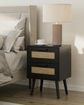 Masupu Rattan Night Stand, Modern nightstand Boho Bedside Table with 2 Drawer,Small End Side Table for Bedroom,Living Room,Office,Black