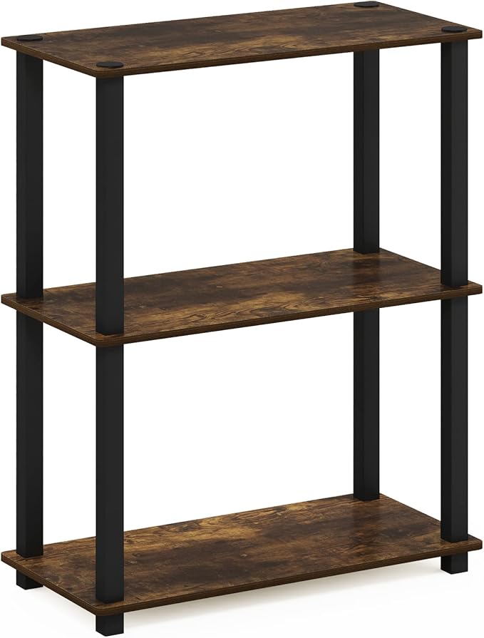 Furinno Turn-S-Tube 3-Tier Compact Multipurpose Shelf Display Rack with Square Tube, Amber Pine/Black