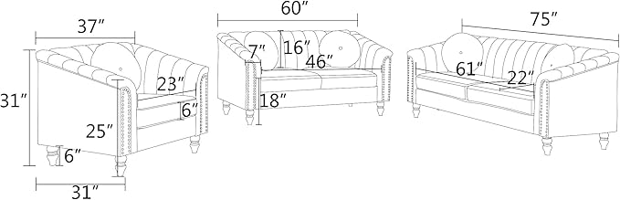 60" Loveseat Sofa, Microfiber Chesterfield Upholstered Sofas Love Seat, Couch Chair Sets with Style Button Tufted, Scroll Arms and Nailhead for Living Room, Office, Grey