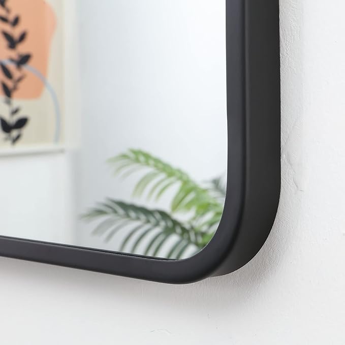 30"x30" Bathroom Wall Mirror with Matte Black Metal Frame & HD Glass, Copper-Free Mirrors Modern Rectangle Round Corner Framed Vanity Mirror - Horizontal or Vertical Installation