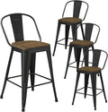 Metal Bar Stools Set of 4, High Back Bar Stools with Wooden Seat, 26 inch Black Barstools for Kitchen Island