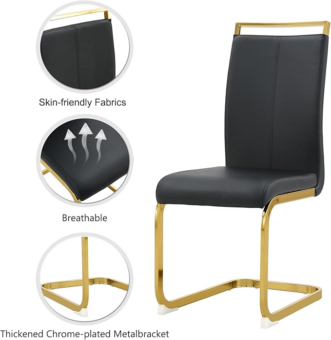 Modern Dining Chairs Set of 4,High Back Black Kitchen Chairs,Faux Leather Side Chair with Gold Plated Metal Legs,Easy to Clean Upholstered Dining Chairs,Ideal for Living Room(Gold Leg)