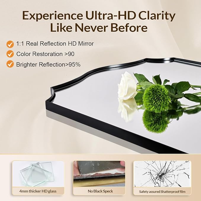 24x40 Black Mirror, Asymmetrical Vanity Mirror, Irregular Wall Mirror for Bathroom, Modern Mirror Wall Mounted Metal Framed for Bathroom, Bedroom, Living Room, Mantel