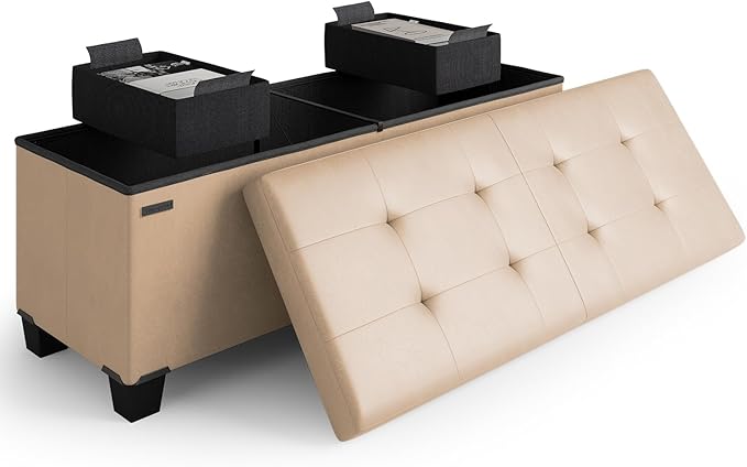 STORAGEBUD Storage Ottoman Bench with Bins, 43-in Storage Bench for Bedroom End of Bed, Folding Foot Rest Ottoman for Living Room Max 660lbs, Faux Leather Ottomans, Taupe