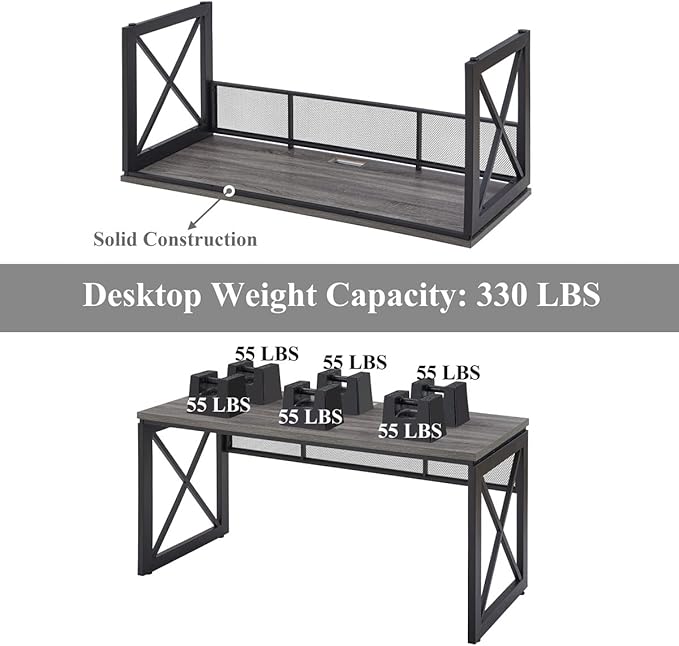 BON AUGURE Industrial Computer Desk, Rustic Wood Desks for Home Office, Sturdy Metal Writing Work Table (60 Inch, Dark Grey Oak)
