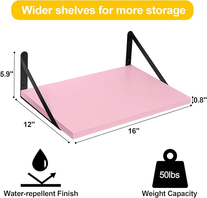 SAUMONIERES Floating Shelves Bookshelf for Bedroom Bathroom Living Room Wood Wall Mounted Wide Deep Storage, Pink Painted Set of 2