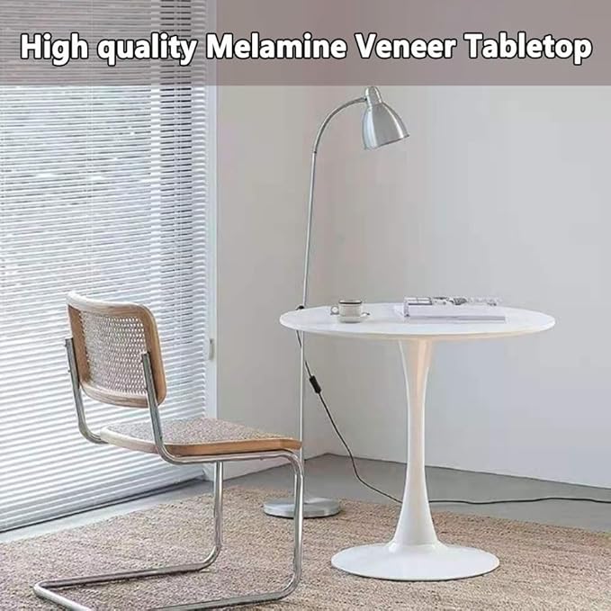 23.4" Tulip Dining Table, White, Perfect for 2-4 People, Mid-Century Modern Style, Round MDF Top with Sturdy Base for Dining Room, Living Room, Cafe
