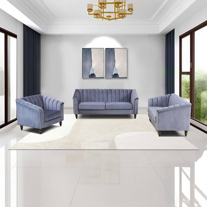 Sectional Sofa Set, Microfiber Chesterfield Upholstered Sofas Loveseat Couch Chair Sets with Style Button Tufted, Scroll Arms and Nailhead for Living Room, Office, Apartment, Grey,S