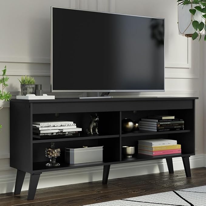 Madesa Compact TV Stand Cabinet with 4 Shelves and Cable Management for 50, 55 Inch TV Media Storage Unit Living Room and Bedroom Modern Wooden Television Media Console - Black
