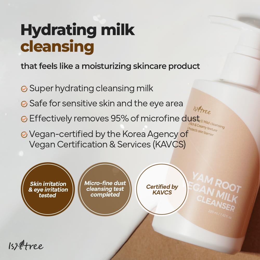 IsNtree Yam Root Vegan Milk Cleanser 220ml, 7.43 fl.oz | Korean Facial Cleanser for Sensitive Skin | Rich & Creamy Texture | Hydrating & Mild | Vegan & Cruelty-Free Skincare