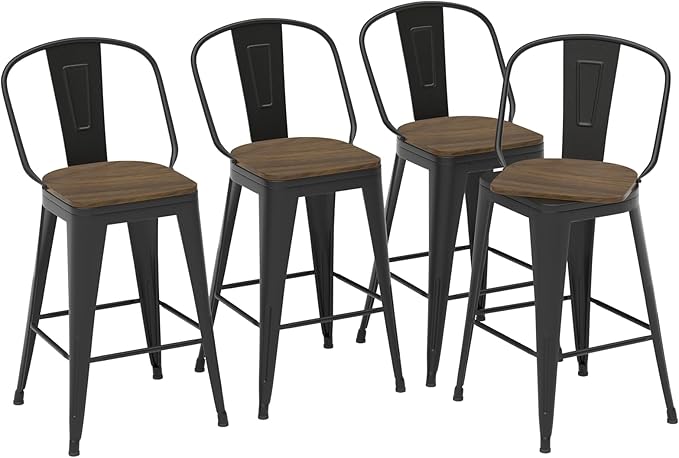 30” Swivel Bar Stools Set of 4, Counter Height Bar Stools Wooden Seat, Metal Industrial Bar Chairs with High Back for Kitchen Island (Black)
