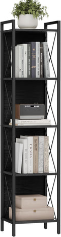 Homhedy 5 Tier Bookshelf Bookcase, Tall Narrow Bookshelf for Small Space, Metal Storage Shelves with Back Panel, for Home Office, Living Room, Kitchen, Bedroom, Industrial Style, Black