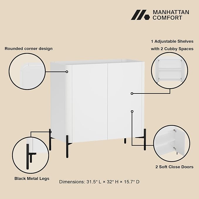 Manhattan Comfort Abbey Accent Cabinet with Doors, Tray Top Design and Adjustable Shelves, Sleek Modern Storage Furniture for Dining Area, Living Room, Bedroom, Entryway, White