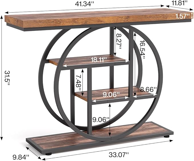 LITTLE TREE Console Table, 4-Tier Entryway Table, 41.3-Inch Industrial Sofa Table for Living Room, Foyer Hallway Table for Entrance, Rustic Brown and Black