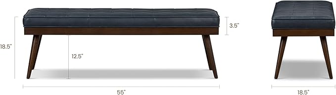 POLY & BARK 55" Tufted Leather Bed Bench for Bedroom End of Bed - Living Room Entry Way Bench - Pure Italian Leather Upholstery with a Solid Wood Frame - Ottoman Bench with Wooden Legs - Deepsky Blue