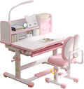 Kids Study Table and Chair Set Pink Adjustable Art Desk for Bedroom Girls Study Table with Large Writing Board Bookshelf and Drawer Kids Functional Desk and Chair Set with LED Light