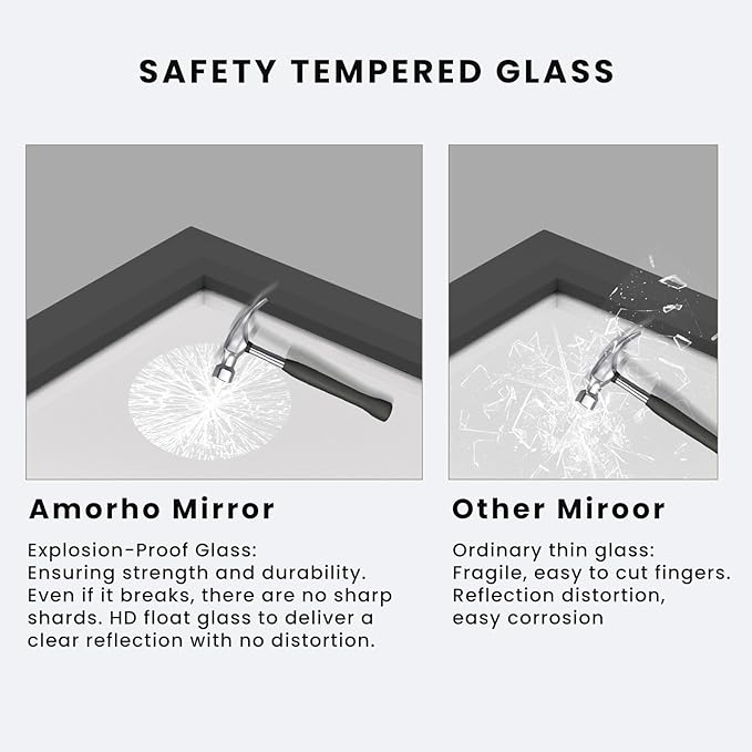 Amorho Black Bathroom Mirror, 60X36 Inch Thick Metal Framed Wall Mirrors for Over 2 Sinks, Bedroom, Living Room, Entryway, Large Rectangle Wall-Mounted Mirrors.