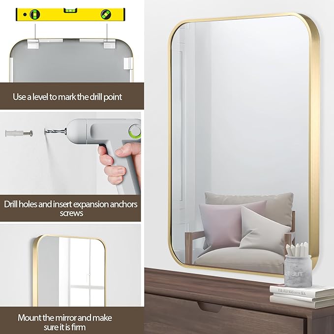 Gold Bathroom Mirror, 20x28 Inch Brushed Gold Mirror, Aluminum Alloy Framed Vanity Mirror, Rounded Rectangle Mirror for Over Sink, Anti-Rust Wall Mirror (Horizontally or Vertically)