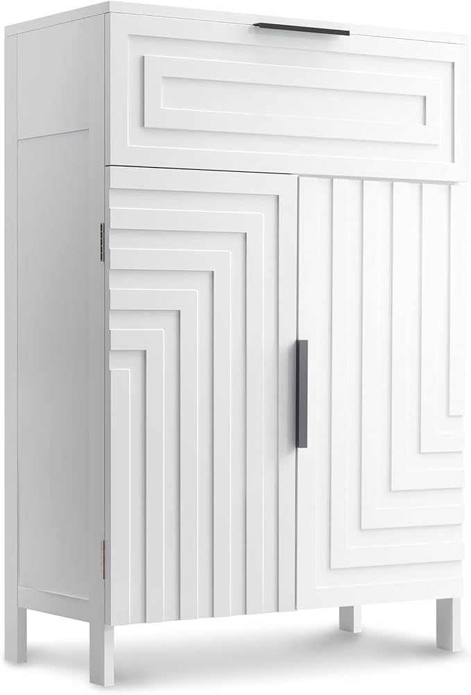 Storage Cabinet Bathroom Floor Cabinets with Drawer Freestanding Kitchen Cabinet Fluted Coffee Bar Cabinet for Living Room, Entryway, Garage Accent Storage Organization - 23.6x11.8x35.4- White