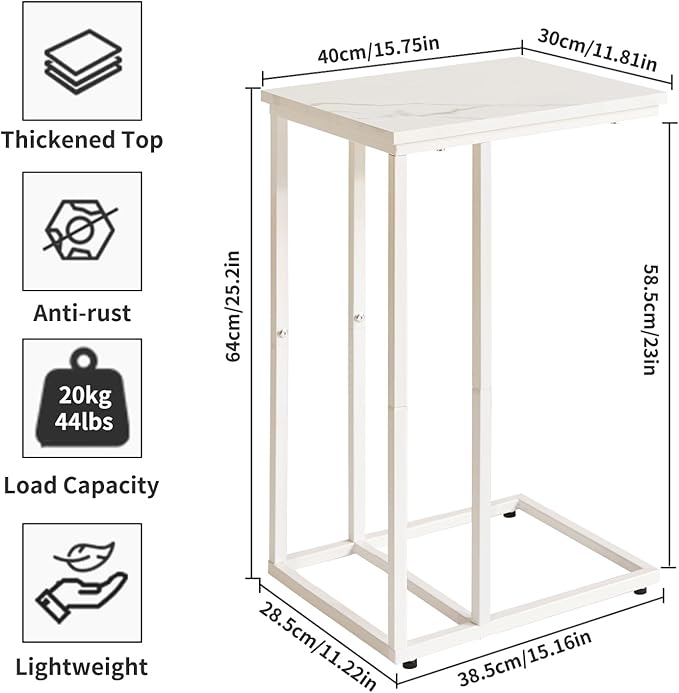 C Shaped End Table Set of 2, Small Side Table for Sofa and Bed, White Bedside Table, Laptop Desk for Couch 16x12x25 inch Faux Marble+White YD-TM051W-2