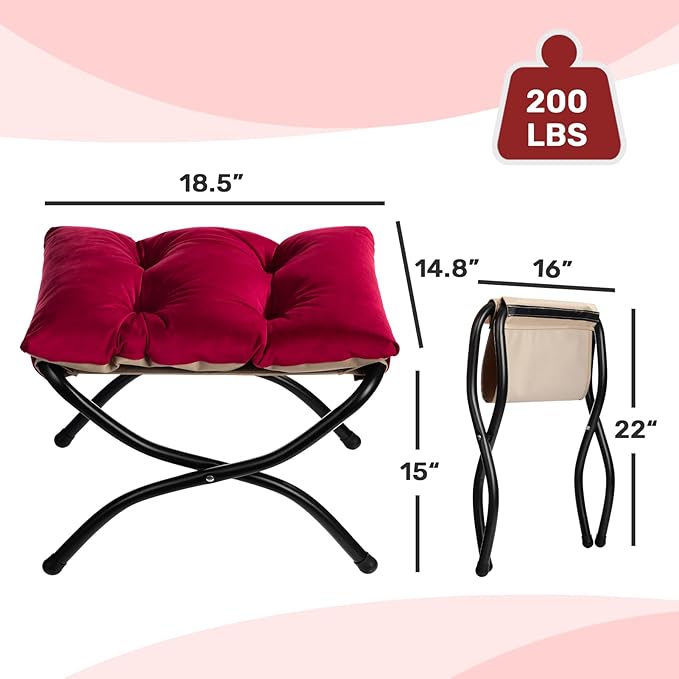HollyHOME 15"(H) Folding Footrest Stool, Upholstered Small Foldable Ottoman, Accent Padded Sofa Foot Stool for Lazy Chair, Metal Frame Portable Foot Rest Ottoman for Living Room, Bedroom, Burgundy