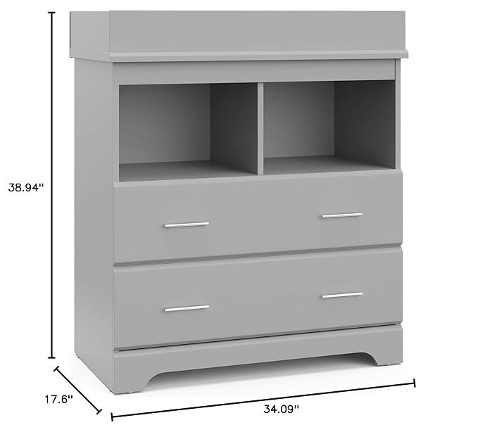 Storkcraft Brookside 2 Drawer Changing Table Dresser (Pebble Gray) – GREENGUARD Gold Certified, Easy-to-Match Chest of Drawers and Cubbies for Nursery and Kids Bedroom, Includes Changing Table Topper