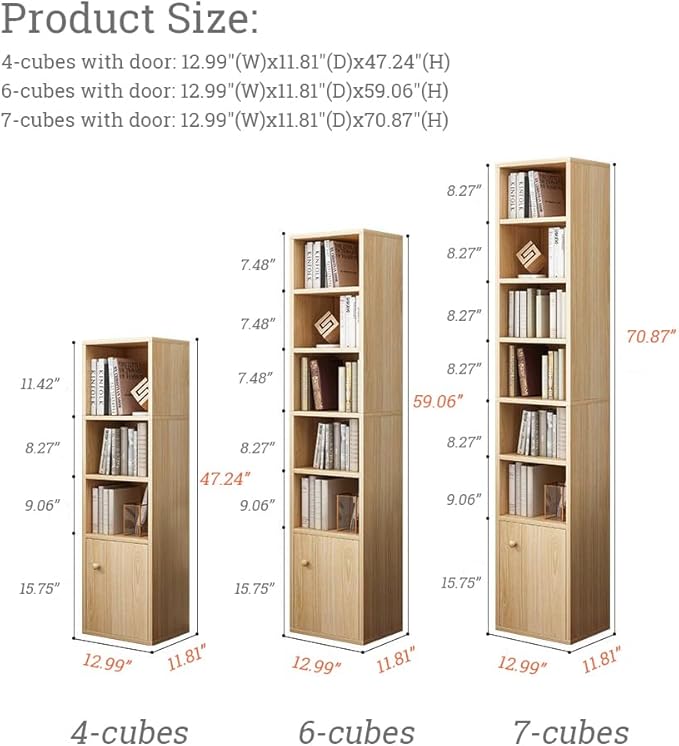 IOTXY Small Narrow Corner Bookcase - 47 Inches Tall Gap Freestanding Storage Cabinet, 4 Lattices Open Shelves Tower Rack with Door, Cubes Bookshelf in White