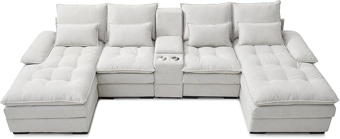 KEIKI 130" U-Shaped 6 seat Sofa with Storage Console, Cup Holders, Upholstered Sectional Sofa, Button Tufted Cloud Cushion Couch for Home, Office, Apartment, Beige