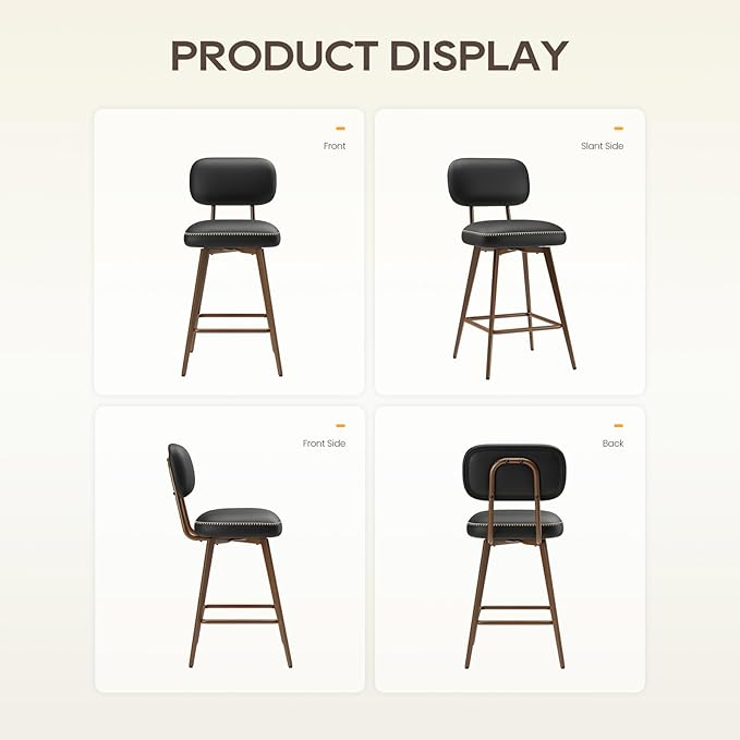 PU Leather Swivel Bar Stools Set of 2, Mid Century Counter Height Bar Chairs with Low Back and Metal Legs, Modern Bar Stool Chair for Kitchen Island, Black