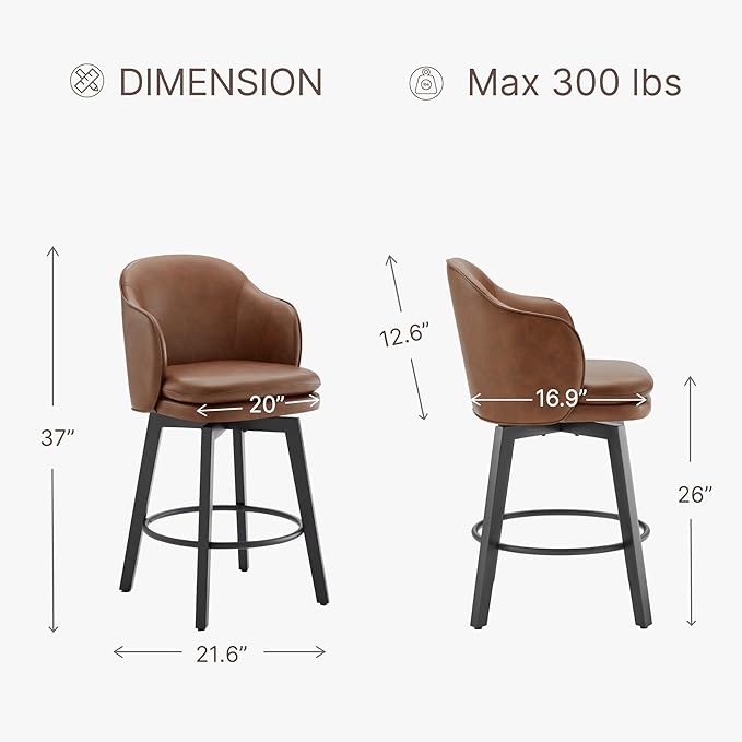 Counter Height Barstools 26 inch Upholstered Swivel Bar Stools with Back and Wood Legs for Kitchen Island,Set of 2,Brown PU Leather