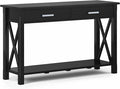 SIMPLIHOME Kitchener Console Table - 47 Inch Wide Solid Wood Sofa Table in Black, Contemporary Storage Table for Entryway or Living Room with 2 Drawers, Bottom Shelf, and X-Design Side Panels