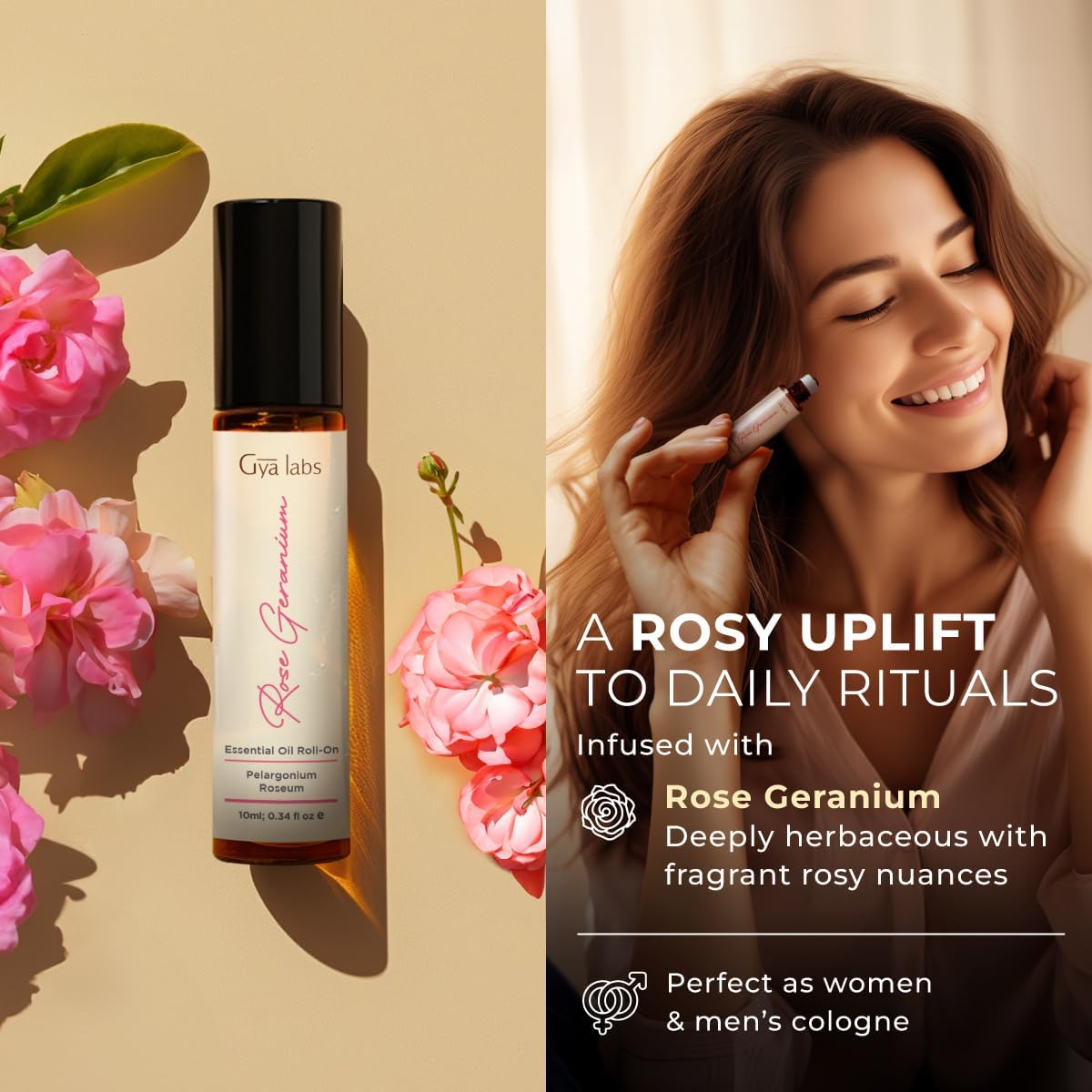 Gya Labs Rose Geranium Essential Oil Roll on for Skin - 100% Pure Natural Rose Geranium Perfume Oil for Women, Long-Lasting Floral Body Aroma, Alcohol-Free, Travel Size (0.34 Fl Oz)