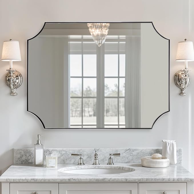 ANDY STAR Brushed Nickel Mirror 30x40 Inch, Scalloped Bathroom Mirror, Silver Bathroom Mirror in Anti-Rust Stainless Steel Metal Thin Frame Deep 1’’, Large Wall-Mounted Mirror (Horizontal/Vertical)