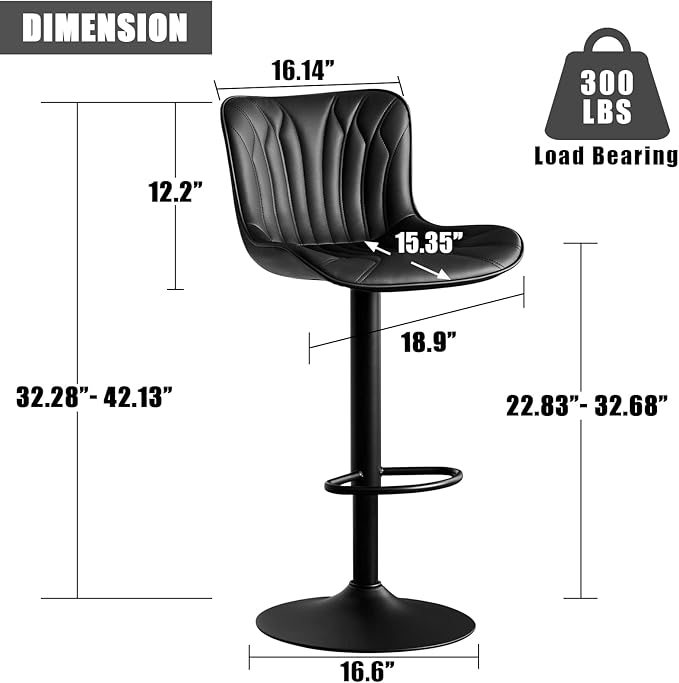 YOUNIKE Black Bar Stools Sset of 4 Modern Swivel Counter Height Bar Chair with Back Adjustable Kitchen Island Faux Leather Padded Barstools taburetes de bar Breakfast sillas para barra de cocina 4PCS