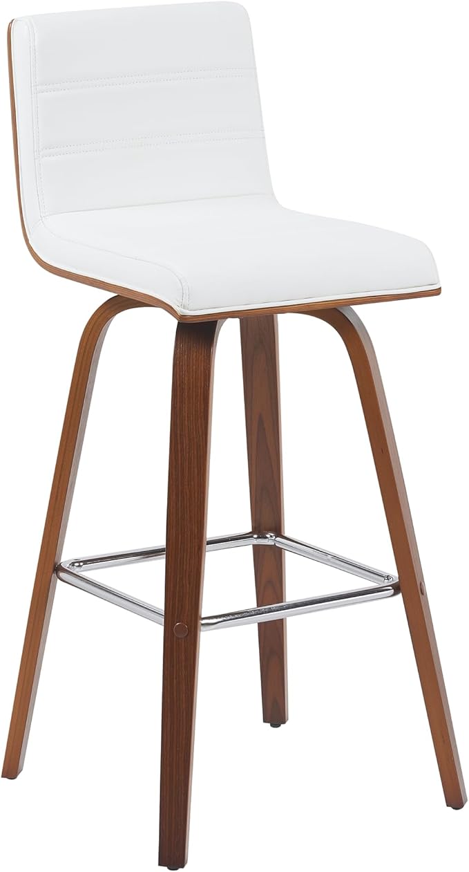 Vienna Modern Swivel Bar Height Stool with Snow White Faux Leather Seat and Walnut Finished Wood Frame Set of 3