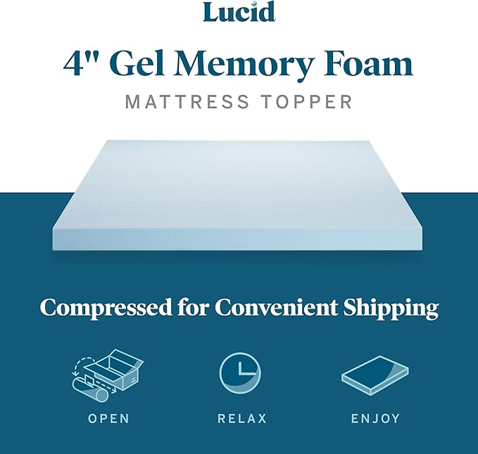 Lucid 4 Inch Mattress Topper - California King Size - Cooling Gel Infused Memory Foam - Plush Feel Pressure Relieving Bed Topper - Mattress Pad – Ventilated Breathable Design – CertiPur Certified