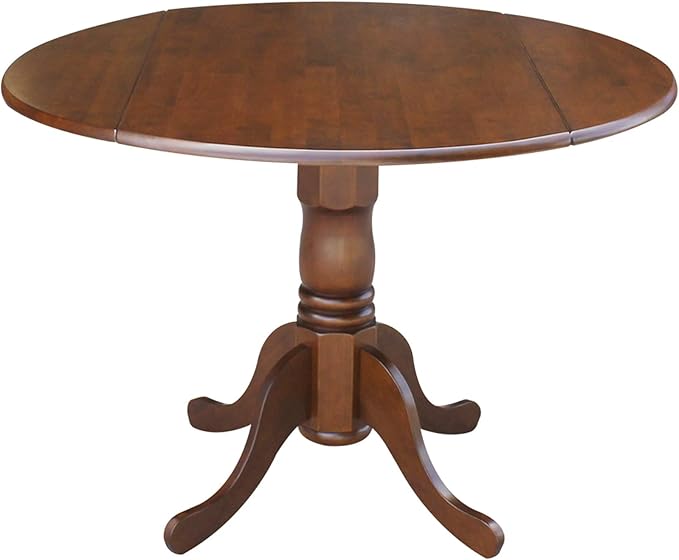 IC International Concepts, 42" Round Dual Drop Leaf Pedestal Dining Table, Solid Wood, Real Parawood, 42" W x 42" D x 29.5" H, Easy Assembly, Espresso
