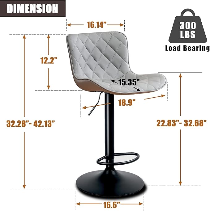 YOUNUOKE Bar Stools Set of 2 Faux Leather Barstools with Back Modern Swivel Counter Height Stools Adjustable Tall Bar Chairs for Kitchen Islands, Lattice Grey