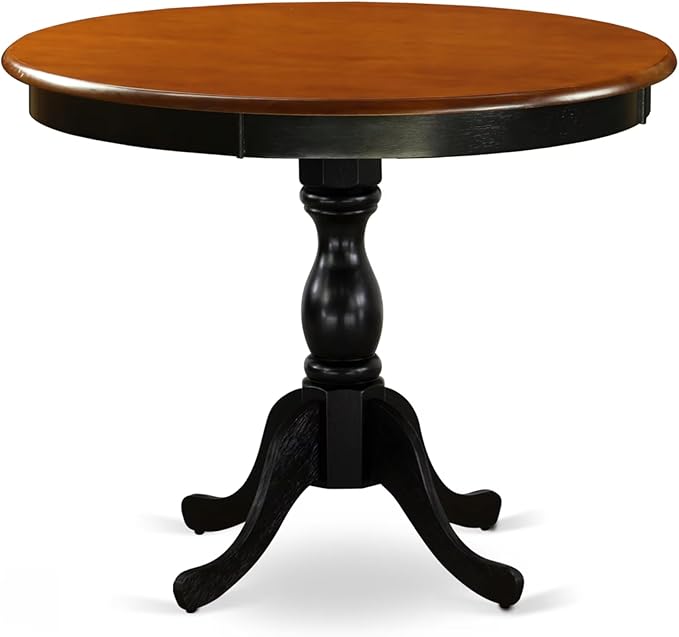 East West Furniture AMSI3-BCH-21 3 Piece Dinette Set for Small Spaces Contains a Round Kitchen Table with Pedestal and 2 Blue Linen Fabric Parson Dining Chairs, 36x36 Inch, Black & Cherry
