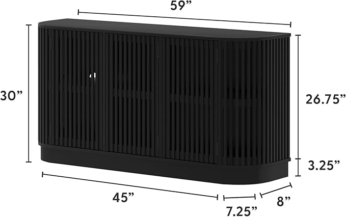 Plank+Beam Contour Wood TV Stand, Three Door Solid Wood Entertainment Console with Storage, 59" L x 16" W x 30" H, Black