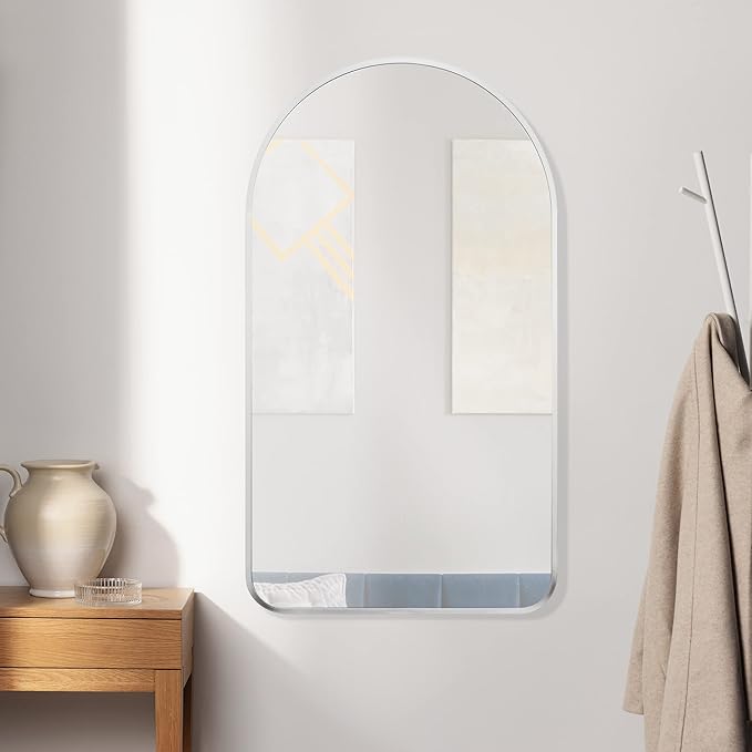Navaris Arched Wall Mirror - Silver Arch Framed Mirror - 17.7x31.5 Wall-Mounted Mirror with Silver Aluminum Alloy Frame for Living Room Bathroom Hall