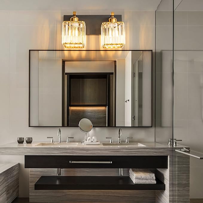 Modern Bathroom Vanity Light 2-Lights Black Gold Crystal Bathroom Wall Light Vanity Light Fixtures，12.59-inch Modern Minimalist Design