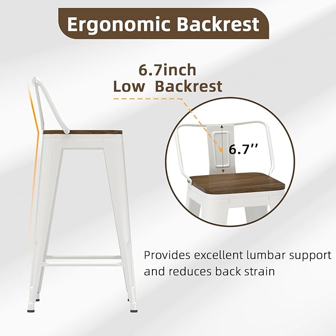 26 Inch Swivel Bar Stools Set of 4, Counter Height Bar Stools with Low Back, Metal Industrial Bar Chairs for Kitchen Island (White)