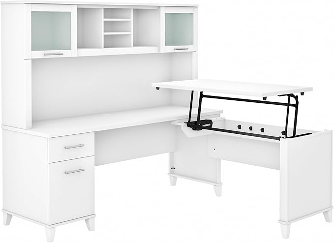 Bush Furniture Somerset 72W 3 Position Sit to Stand L Shaped Desk with Hutch in White
