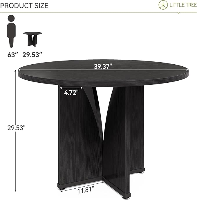 LITTLE TREE 39-Inch Dining Table for 4, Rustic Kitchen Table, Round Dining Table with X-Shaped Stable Pedestal, Farmhouse Dinner Table for Dining Room, Living Room, Black