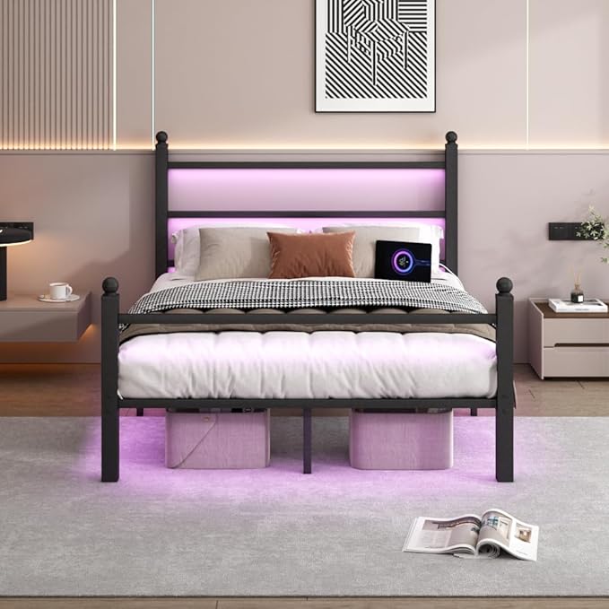 Full Size Bed Frame with Headboard and Footboard,Steel Slats Support-LED Bed Frame with USB Charging Station,Mattress Foundation-Under Bed Storage, No Box Spring Needed,Noise Free,Black